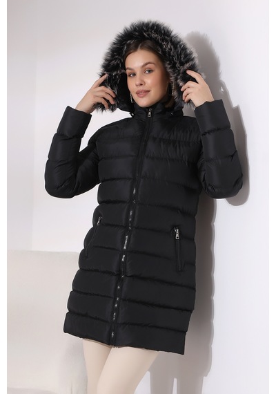 Tals Moda Siyah Renk Kapişonlu Peluşlu Kadın Montu Siyah