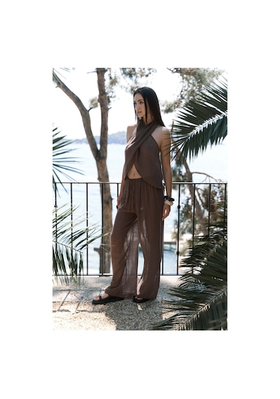 Mai Collection Mai Studios Co. Cadhas Boyundan Bağlamalı Kahve Crop Pantolon Takım Kahve