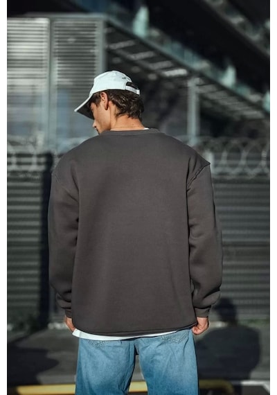 Kışlık Bisiklet Yaka Üç İplik Basic Sweatshirt - Antrasit Antrasit