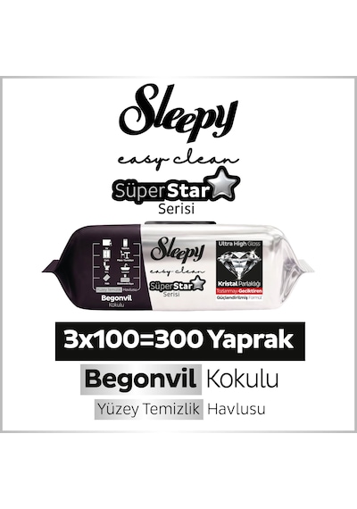 Sleepy Easy Clean Süperstar Yüzey Temizlik Havlusu Mendili Begonvil 3x100 300 Yaprak Beyaz