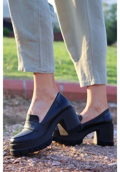Asmi Shoes Kadın Tokasız 8 Cm Loafer Model Topuklu Ayakkabı Siyah Cilt Siyah