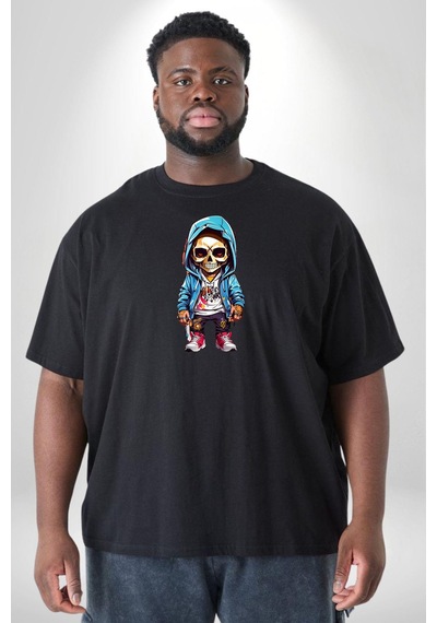 Angemiel Hiphop Kurukafa Hoodie Siyah Büyük Beden Erkek Kadın Unisex Basic Ön Baskılı Tişört Siyah