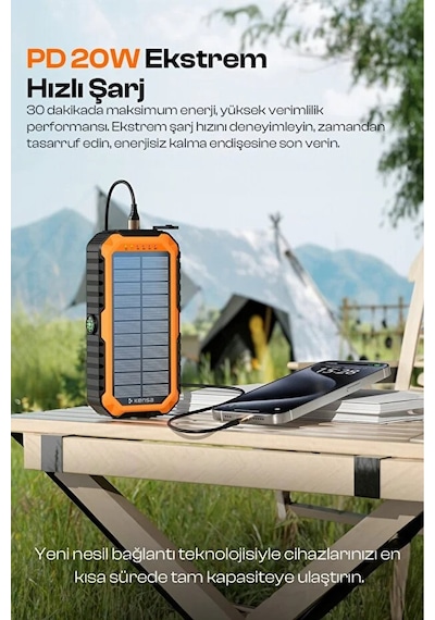 Güneş Enerjili Powerbank 20.000 Mah Taşınabilir Şarj Dahili Kablo Solar Şarj Cihazı Siyah - Turuncu