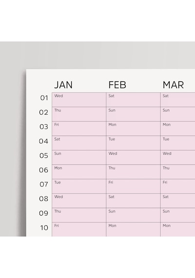 2027 Yıllık Takvim Planlayıcı, Planlayıcı Duvar Takvimi, Yatay, Pastel Pembe Renk Çok Renkli