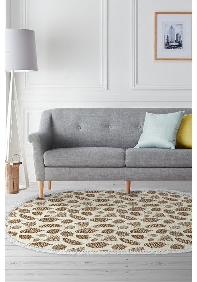 Alanur Home Kaymaz Dijital Mutfak & Salon Halı Trend Saçaklı Oval Vintage Al5014 Bej