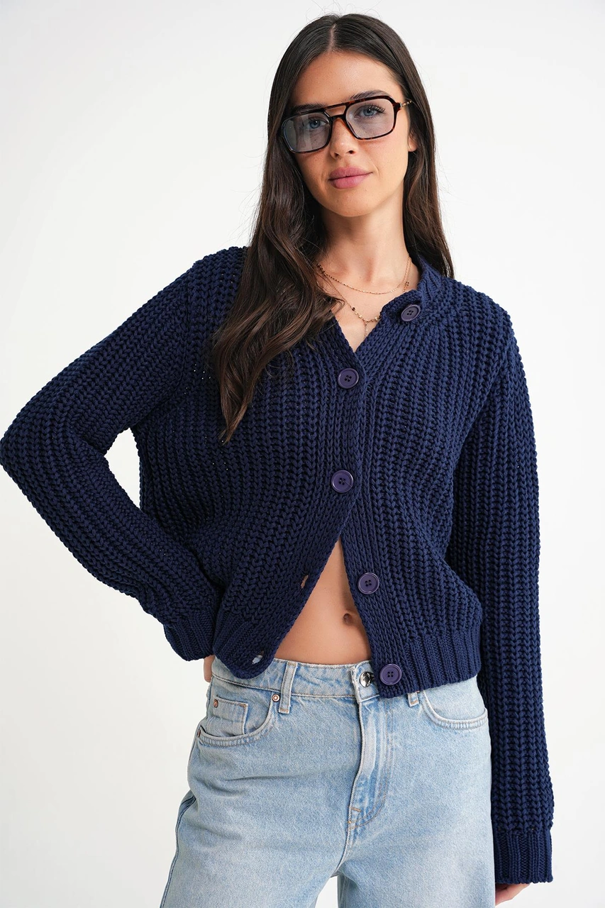 Mixray 6936 Kadın Selanik Düğmeli Regular Fit Triko Hırka Lacivert
