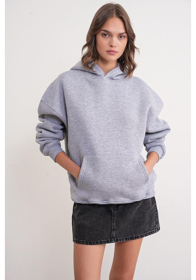 Mixray 2022 Unisex 3iplik Basic Polarlı Kapüşonlu Sweatshirt Hoodie Gri