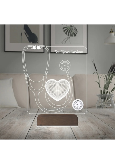 Luvivia Doktora Hediye Steteskop Kişiye Özel Metal Saatli 3d Lamba - Masa Gece Lambası Şeffaf