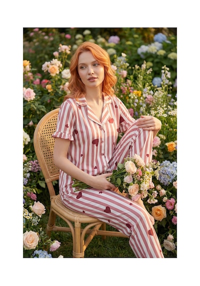 Femelle Kırmızı Kalp Desenli Düğmeli Pijama Takımı