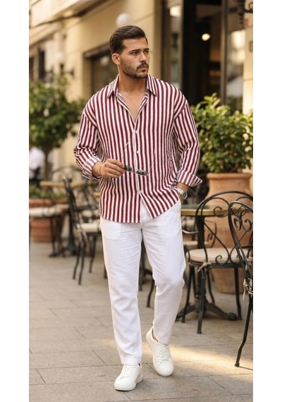 Valensdesign Erkek Dikey Çizgili Yarım Oversize Gömlek Bord