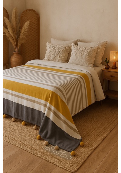 Merinos Colorway Pamuklu Pomponlu Battaniye 180 X 220 Sarı Gri