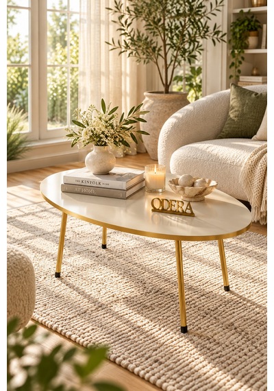 Odera Elips Orta Sehpa 90x50 Cm Metal Ayaklı Modern Retro Salon Sehpası Altın - Krem Odera Elips Orta Sehpa 90x50 Cm Metal Ayaklı Modern Retro Salon Sehpası Altın - Krem