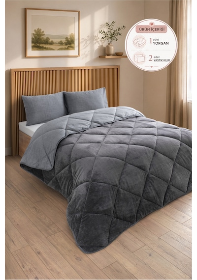 Premium Çift Taraflı Wellsoft Yorgan Seti Battal Boy 215x235 Cm 2 Adet Yastık Kılıflı Antrasit