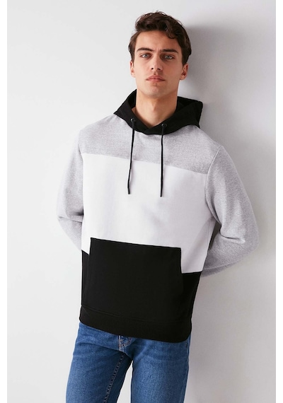 Grimelange Clyde Erkek Bloklu Kapüşonlu Kordonlu Içi Polarlı Siyah Sweatshirt