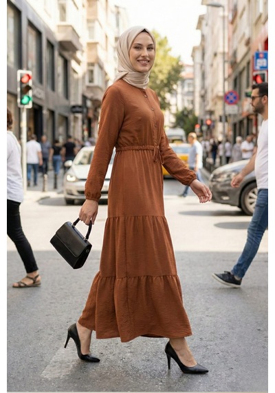 Hb Harma Time Butik Kadın Düğmeli Bağcıklı Taba Tesettür Keten Elbise Taba Taba