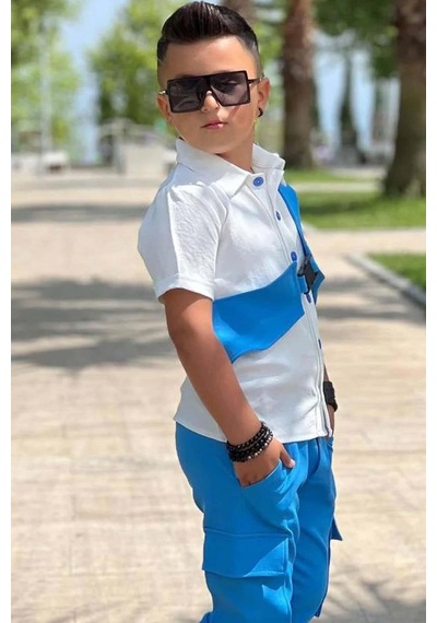Riccotarz Erkek Çocuk Gabardin Gömlek Ve Kemerli Yelek Kargo Cepli Pantolon Mavi Alt Üst Takım Mavi Riccotarz Erkek Çocuk Gabardin Gömlek Ve Kemerli Yelek Kargo Cepli Pantolon Mavi Alt Üst Takım Mavi