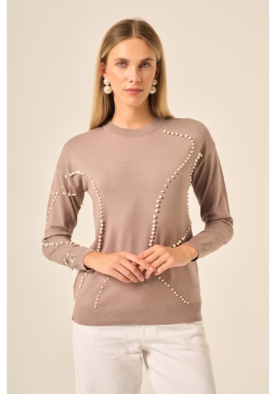 Ftz Women Kadın İnci Detaylı Kazak Kahve 25103 Kahve