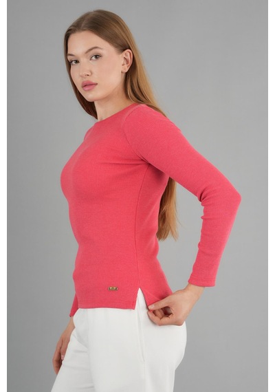 Bayan Uzun Kollu Bisiklet Yaka Fitilli Bluz Pembe