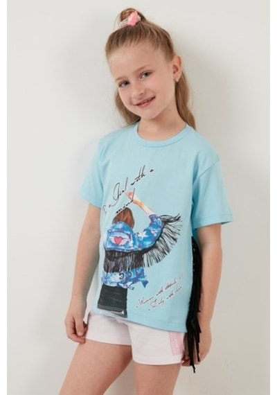 Lela Pamuklu Baskılı Püskül Detaylı Bisiklet Yaka Kız Çocuk T Shirt 6211020 Açık Mavi