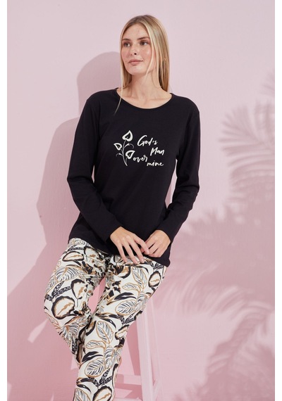 Siyah İnci Pamuklu Örme Pijama Takım 24240183 Siyah