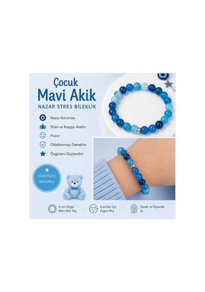 Mavi Akik Çocuk Doğal Taş Bileklik 8 Mm 15 Cm Odaklanma Ve Dinginlik Destekli Çocuk Takı Mavi Mavi