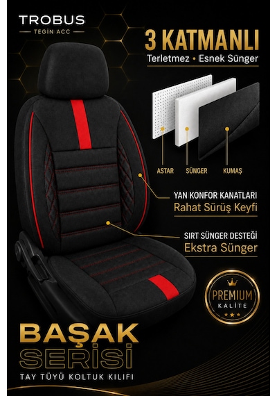 Ford Fiesta Hachback 2009-2012 Aracınıza Uyumlu Kırmızı Başak Serisi Tay Tüyü Koltuk Kılıfı Kırmızı