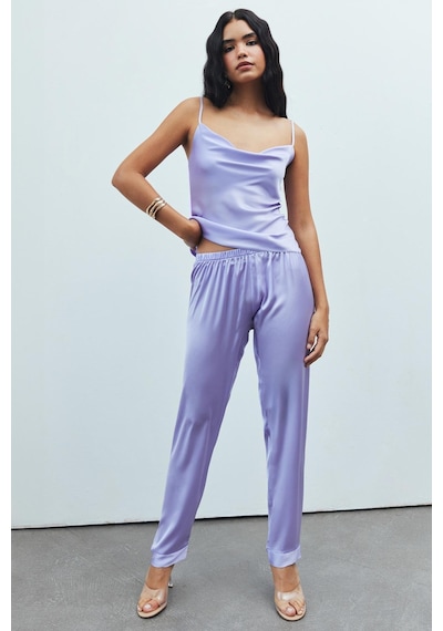 Brûleur Lila Degaje Yaka Askılı Uzun Saten Pijama Takımı LILA