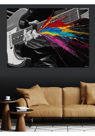 Ahşap Tablo Gitardan Çıkan Renkli Boya Patlaması