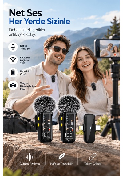 Lexroo 2.4g Kablosuz Çift Mikrofonlu Yaka Mikrofonu İçerik Üretim