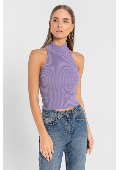 Miss Poem Kadın Kolsuz Slim Fit Boğazlı Fitilli Kısa Antrasit Triko Crop Lila