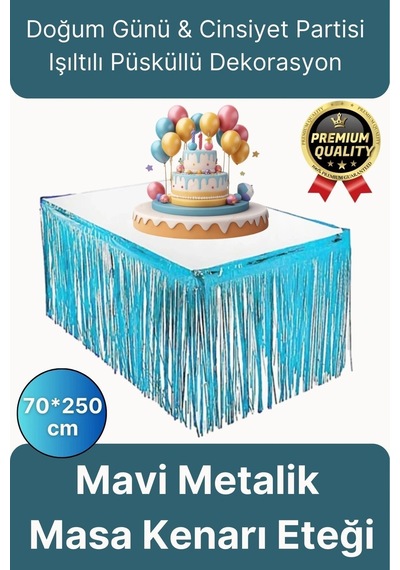 Premium Dekorasyon Püsküllü Işıltılı Doğum Günü Cinsiyet Partisi Mavi Masa Kenarı Eteği 70 250cm Diğer