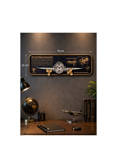 Uçak Tasarımlı Duvar Tablosu 3d Kabartmalı Metal Uçak Duvar Saati Tablo Ev Ofis Dekoru 78x21cm Gri Biblo