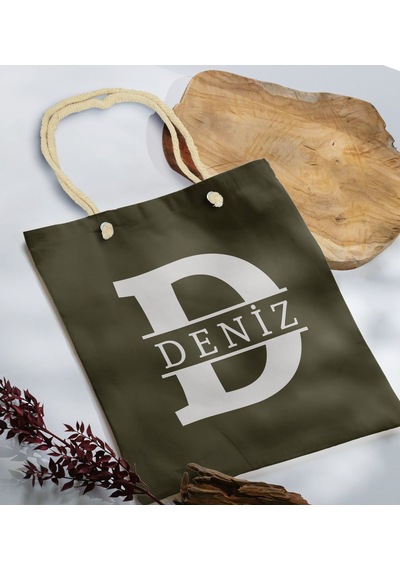 Bk Gift Kişiye Özel Harfli Haki Halat Saplı Kumaş Bez Çanta-1, Baskılı Omuz Çantası, Alışveriş Çantası