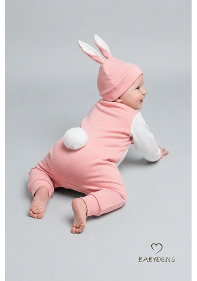Babyden's Tavşan Kulaklı Yenidoğan Tulum Seti %100 Pamuklu Ayarlanır Ponponlu Unisex Bebek Tulum Şapka Set Pudra Pembe