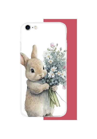 İphone 6 - 6s Uyumlu Çiçek Tutan Tavşan.jpeg Uv Baskılı Silikon Kılıf Renkli