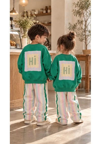 Hey Hi Sırt Kabartma Baskı Detaylı Sweatshirt Ve Renkli Çizgili Eşofman Kız & Erkek Çocuk Alt Üst Ta Yeşil