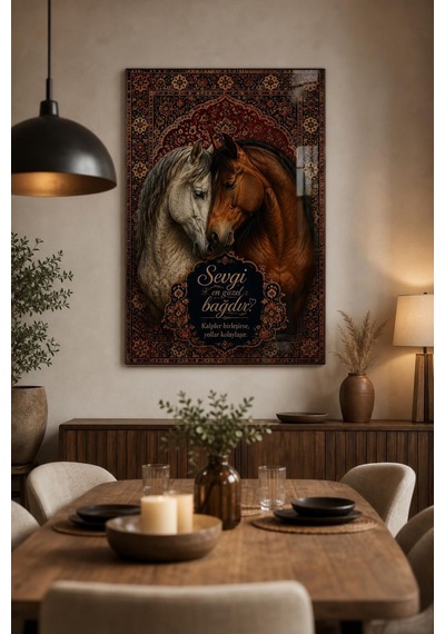 Sevgi Temalı At Figürlü Baskılı Cam Tablo Osmanlı Motifli Dekoratif Duvar Tablosu