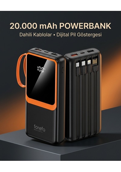 1. Çoklu Çıkışlı 20000 Mah Powerbank Entegre Kablolu Dijital Ekranlı Taşınabilir Şarj Cihazı - Lisinya Siyah