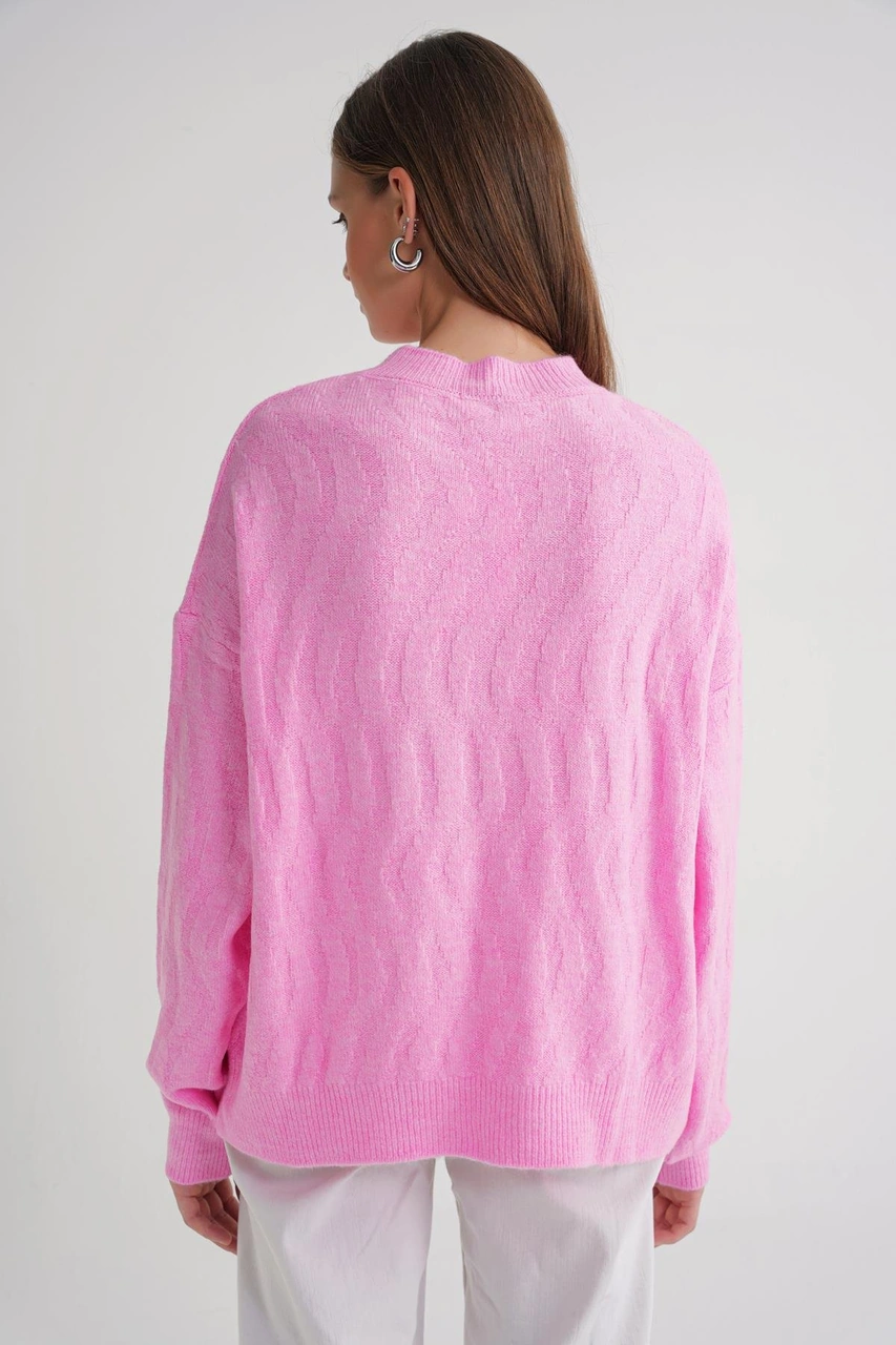 Mixray 6947 Kadın Kendinden Desenli Oversize Triko Kazak Pembe