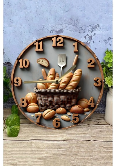 Rustik Ekmek Temalı Mdf Duvar Saati 33 Cm 3d Görünümlü Uv Baskılı Mutfak Dekoru Sdw347 Renkli