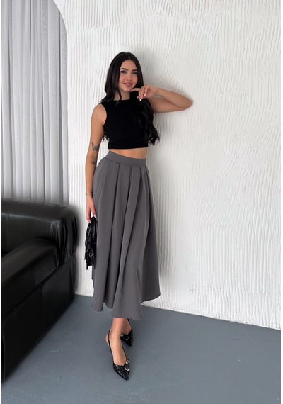 Winmoda34 Kadın Dabıl Kumaş Pileli 86 Cm Tam Boy Uzun Etek Füme