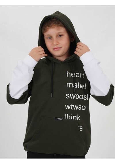 Zekids Çocuk Pamuklu Kapüşonlu Heart Mat Yazılı Sweatshirt-14830 Haki