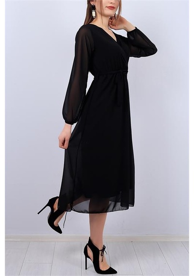Neşeli Butik Kadın Siyah Kuşaklı Kruvaze Midi Şifon Elbise Nb2023 Siyah