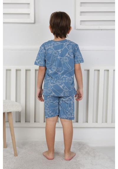 Bunny Hopp Şortlu Erkek Çocuk Pijama Takımı %100 Pamuk Desenli Yazlık 3-8 Yaş Mavi