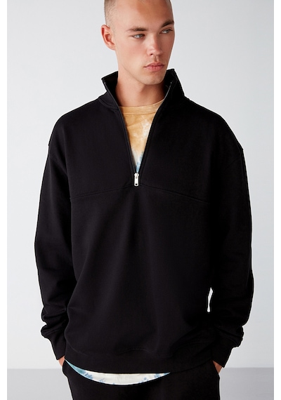 Grımelange Frame Erkek Yarım Fermuarlı Dik Yakalı Yumuşacık Kumaşlı Polarlı Regular Siyah Sweatshirt