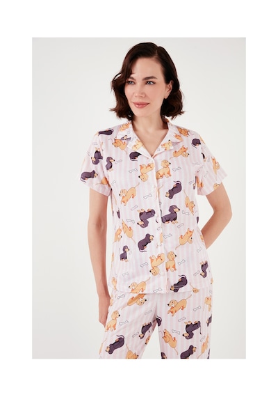 Lela Desenli Kısa Kollu Beli Lastikli Gömlek Yaka Dokuma Regular Fit Bayan Pijama Takımı 6571010 Pembe