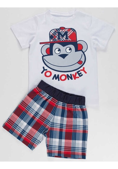 Denokids Monkey Ekose Erkek Çocuk Şort Takım-beyaz Beyaz