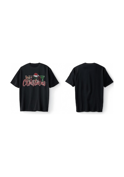 Bumeta Glitter Merry Christmas Noel Oversize Unisex Tişört T-shirt Siyah