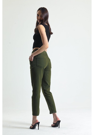 Kene Jeans Kadın Haki Beli İpli Kemer Lastik Keten Mom Pantolon Haki