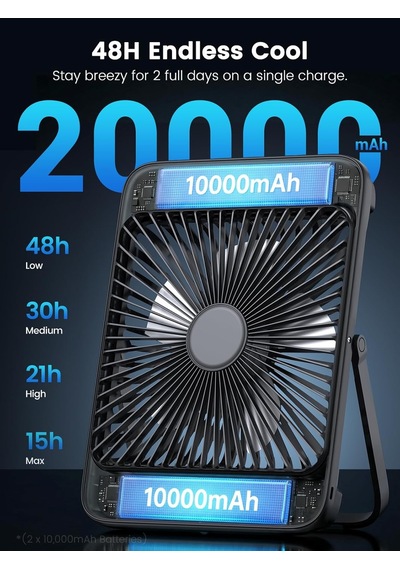 Warmco 20000mah 8 İnç Taşınabilir Kamp Fanı, 48 Saat Maksimum Çalışma Süresi, Led Işık, Sessiz İnce Pille Ça